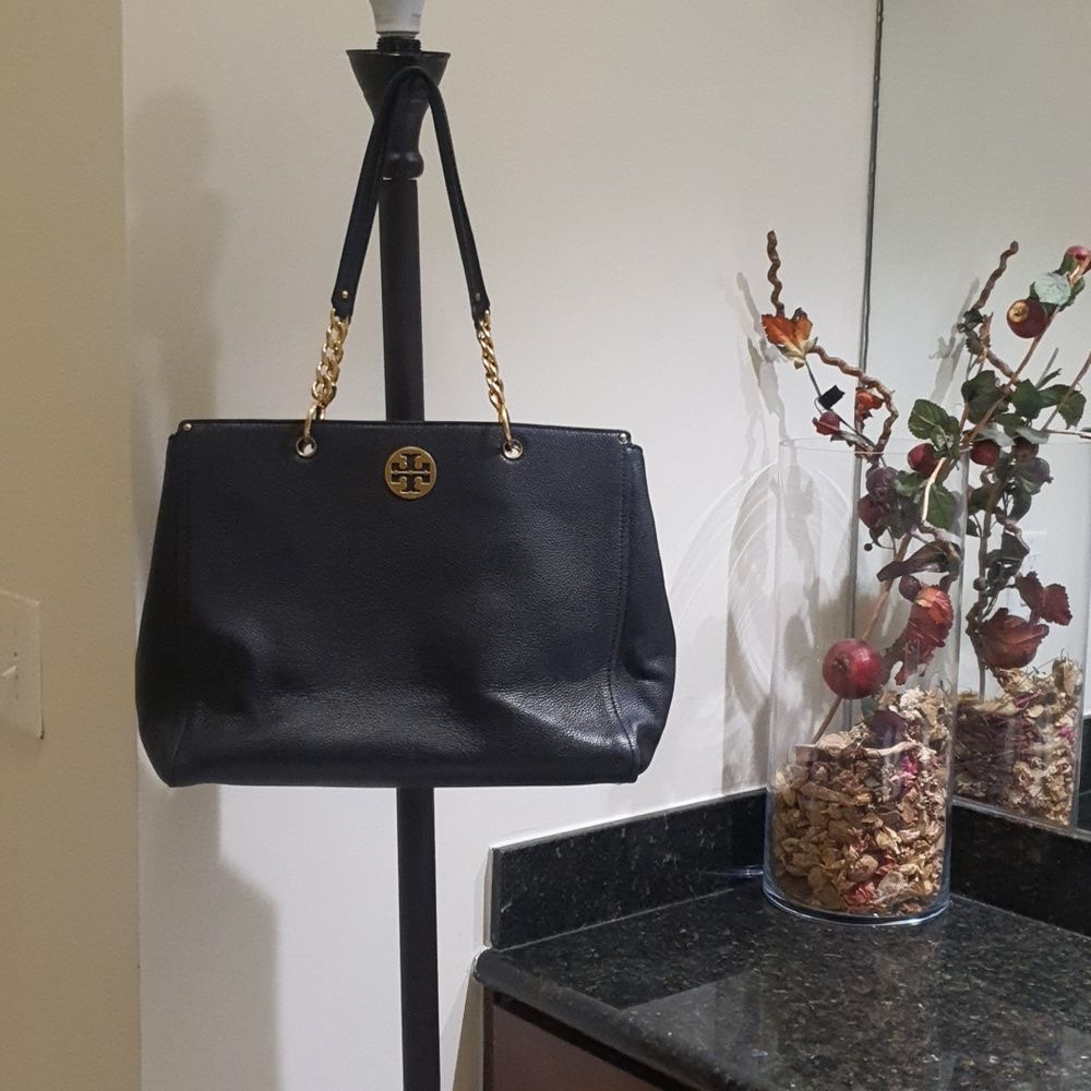 Tory Burch Black Leather Tote with Gold Chain-Strap
